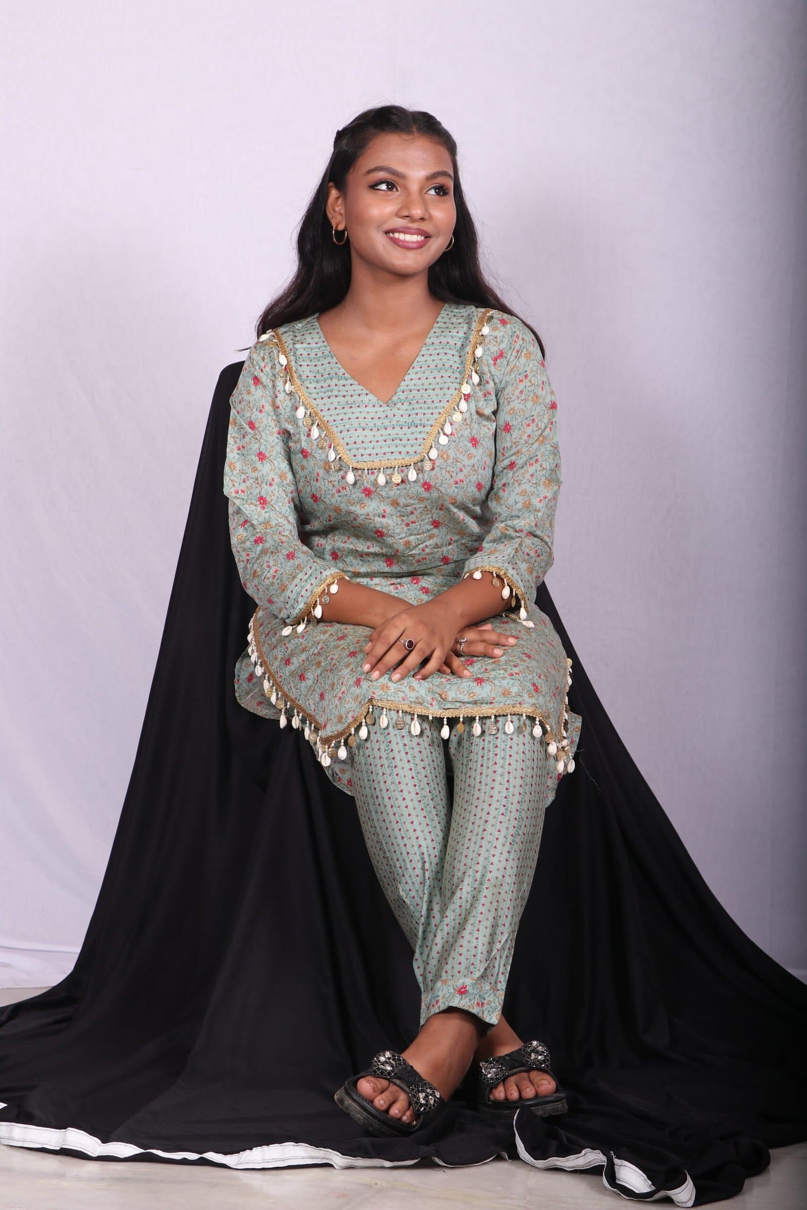 Women's Printed Kurta Pant Set | V-Neck Ethnic Co-Ord Set with Tassel Lace Detail | 3/4 Sleeves Casual & Festive Wear