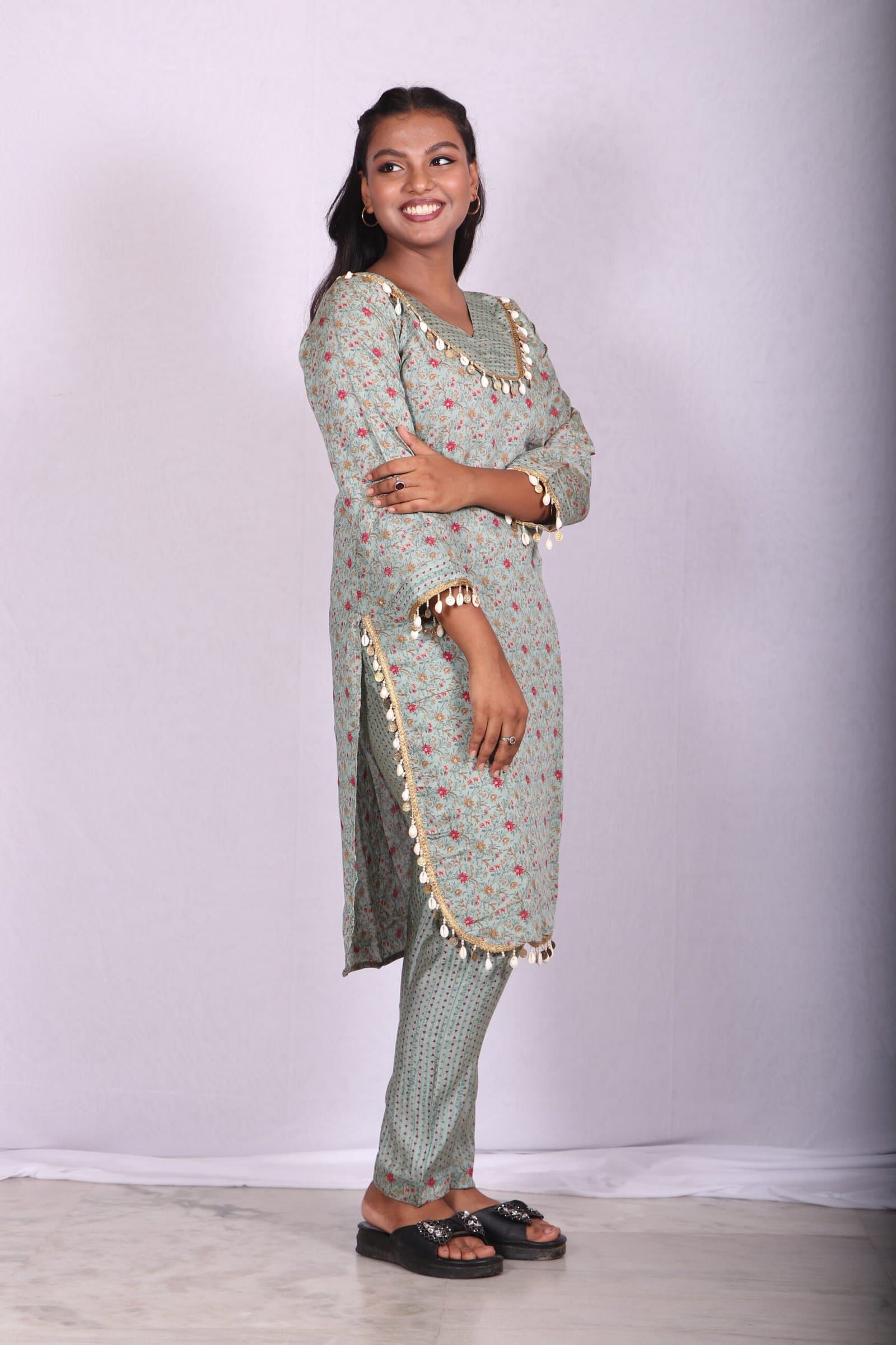 Women's Printed Kurta Pant Set | V-Neck Ethnic Co-Ord Set with Tassel Lace Detail | 3/4 Sleeves Casual & Festive Wear