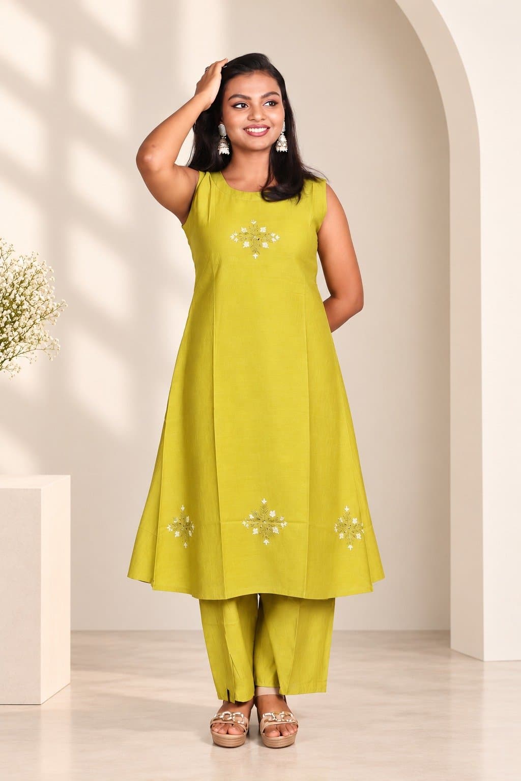 Women's Mustard Yellow Sleeveless A-Line Kurta Pant Set | Embroidered Ethnic Co-Ord Set | Casual & Festive Wear