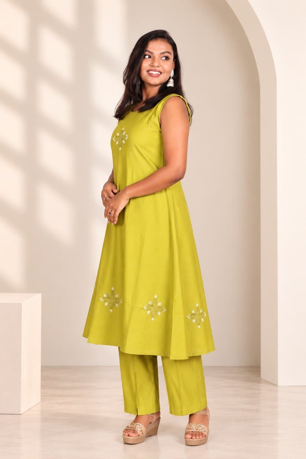 Women's Mustard Yellow Sleeveless A-Line Kurta Pant Set | Embroidered Ethnic Co-Ord Set | Casual & Festive Wear