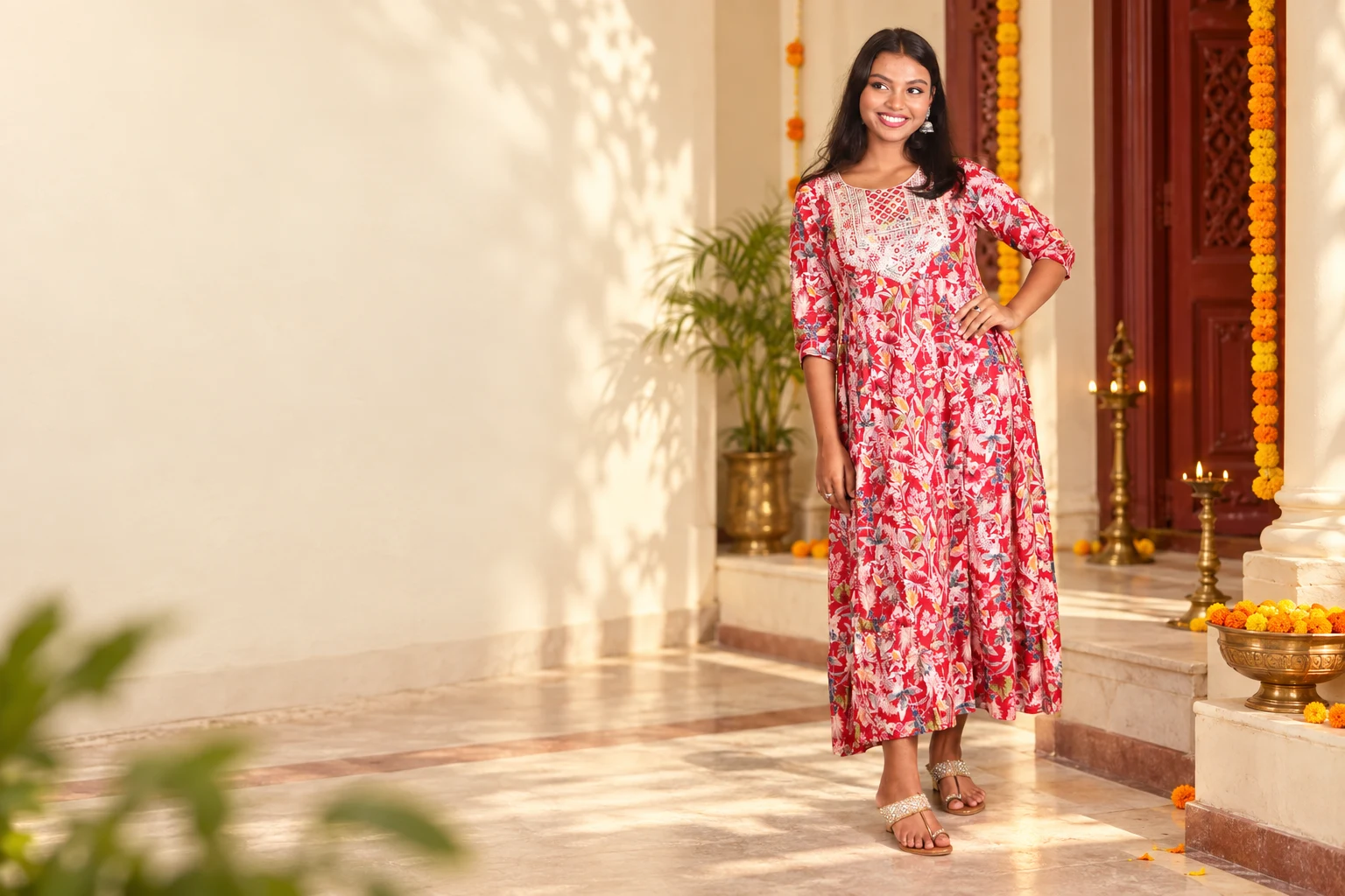 Kanyakunj model in a red floral anarkali in an ivory courtyard lit with marigolds and brass lamps